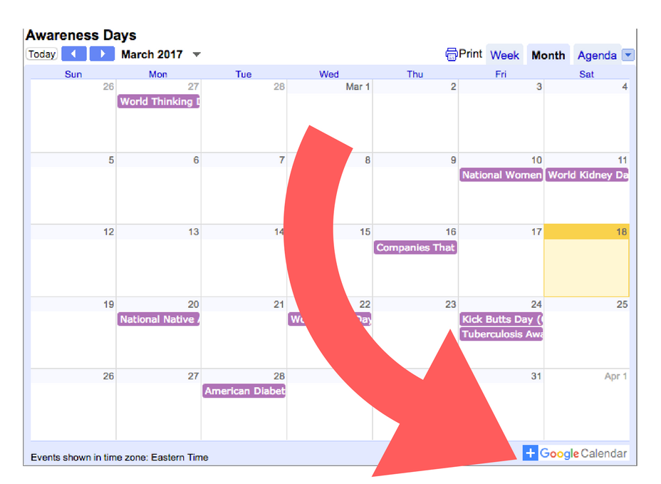 pic of awareness days calendar with a arrow pointing to the link to add it to your google calendar